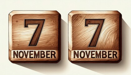 Illustration of wooden blocks with date 7 November. Day and month, simple calendar