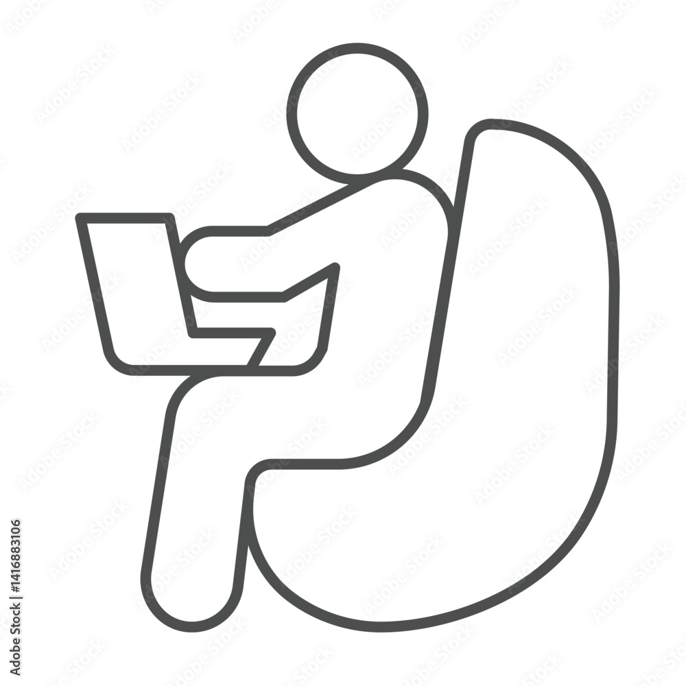 Fototapete Man with laptop and chair thin line icon, remote work concept. Vector graphics. Human sitting on easy chair sign on white background, linear style icon for mobile or web design.