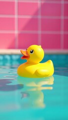 Vibrant yellow rubber ducky floating in turquoise pool water with pink tiled background, floating, rubber ducky, pool