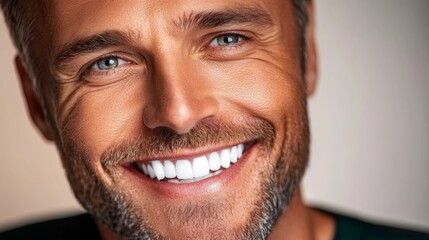 Naklejka premium Man with a beard and a smile on his face. He has white teeth and is wearing a green shirt