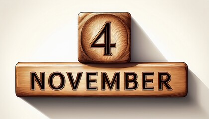 Illustration of wooden blocks with date 4 November. Day and month, simple calendar