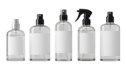 Transparent Plastic Spray Bottles with White Labels and Black Caps