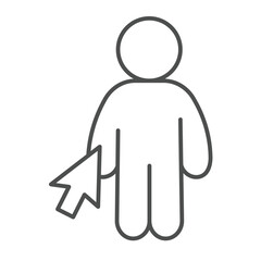 Human and mouse cursor thin line icon, remote work concept. Vector graphics. Man, person with mouse pointer sign on white background, linear style icon for mobile or web design.