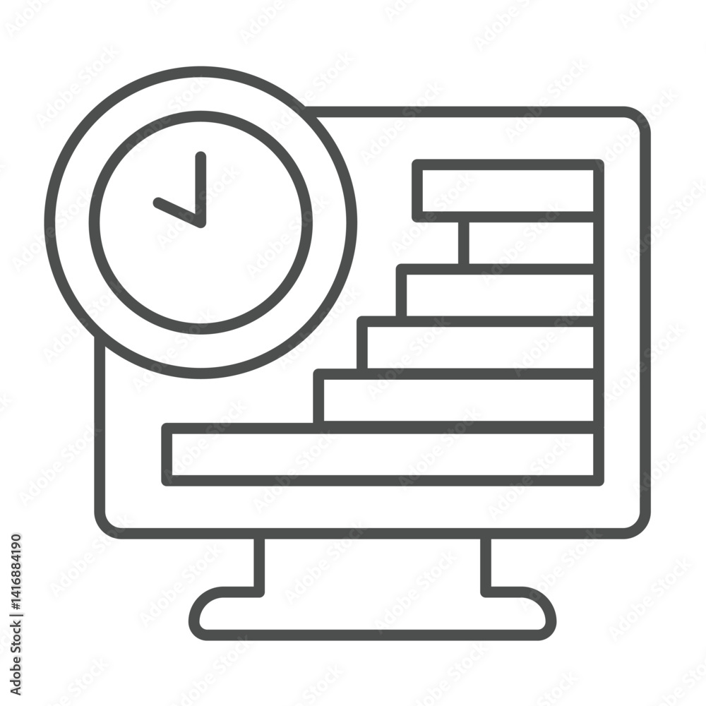 Poster monitor screen with chart and clock thin line icon, remote work concept. vector graphics. market job