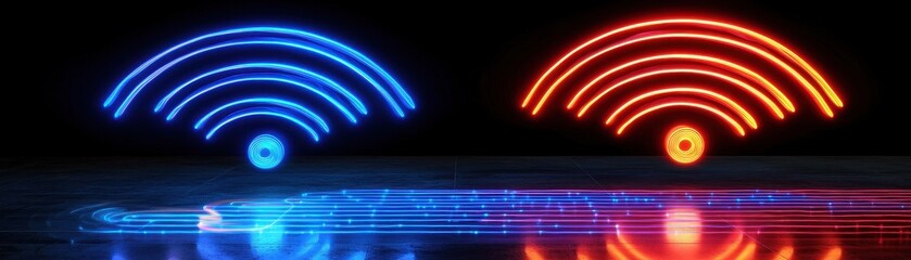 Fototapeta premium The image features neon-style Wi-Fi symbols in blue and red, symbolizing connectivity and digital communication in a modern aesthetic.