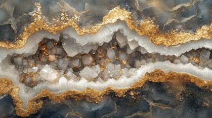 Obraz premium Geode texture with sparkling white quartz crystals surrounded by metallic pyrite inclusions.
