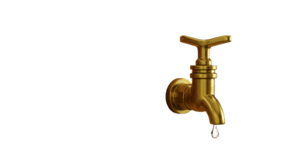 Isolated Golden Faucet with Dripping Water