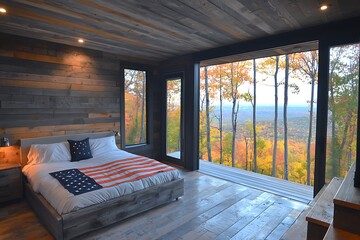 Rustic mountain bedroom with panoramic views.