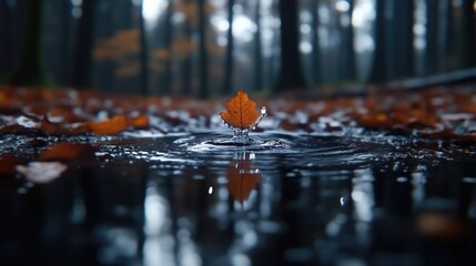 Single leaf in puddle, autumnal forest