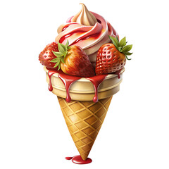 Ice cream cone, strawberries, swirled soft serve, waffle cone, dripping strawberry syrup, realistic illustration, vibrant colors, detailed texture, appetizing dessert, sweet treat, photorealistic