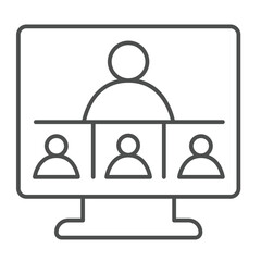 Monitor screen and user conference thin line icon, remote work concept. Vector graphics. Display with online team, call sign on white background, linear style icon for mobile or web design.