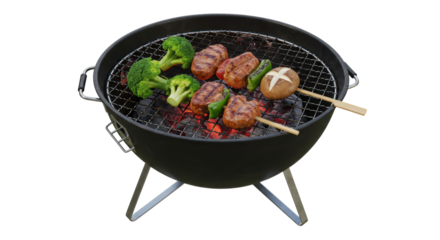 Isolated Barbecue Grill with Vegetables and Meat Skewers