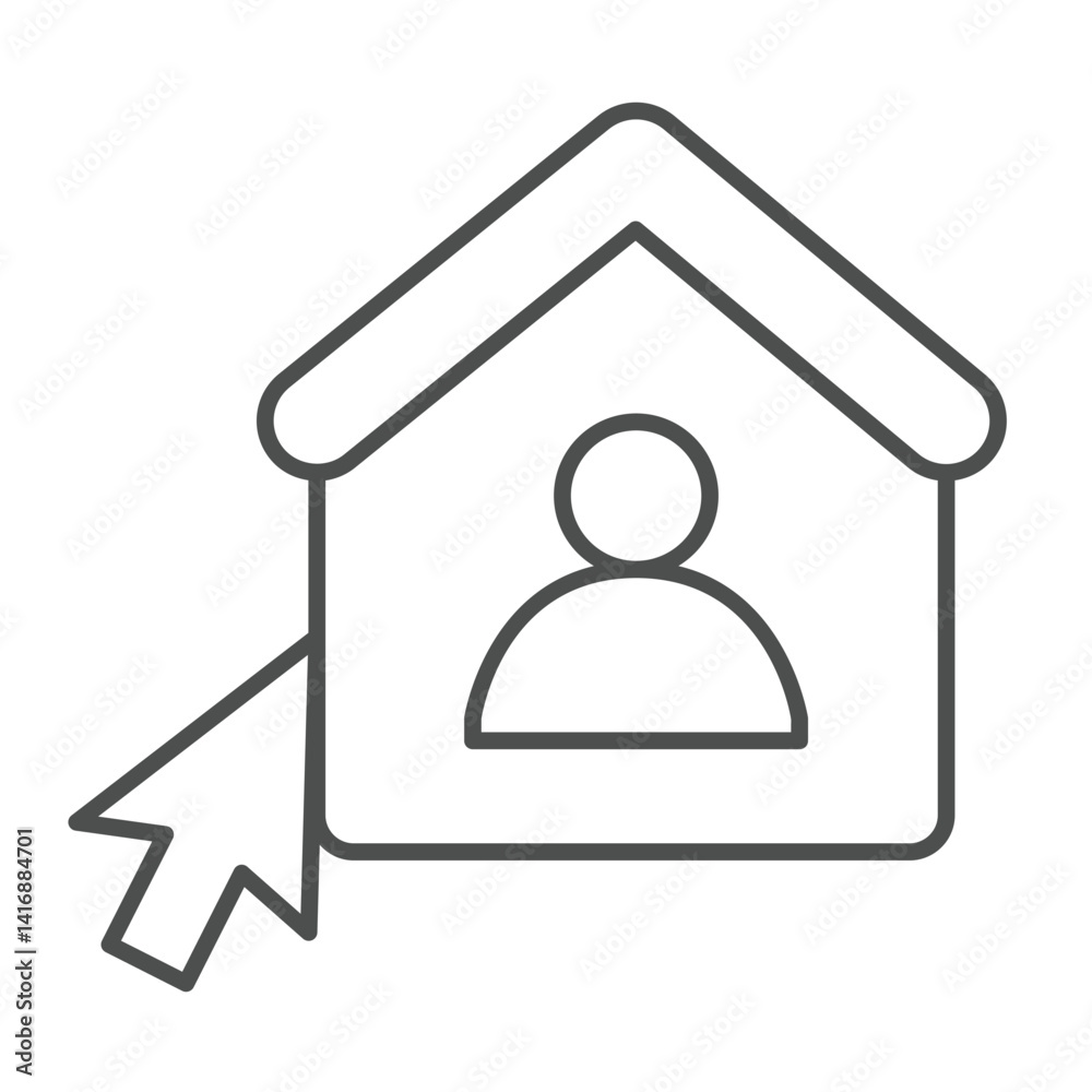 Poster home user and mouse cursor thin line icon, remote work concept. vector graphics. user house with mou