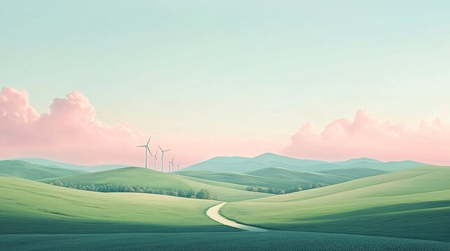 A minimalist landscape of rolling green hills and wind turbines under a pastel sky