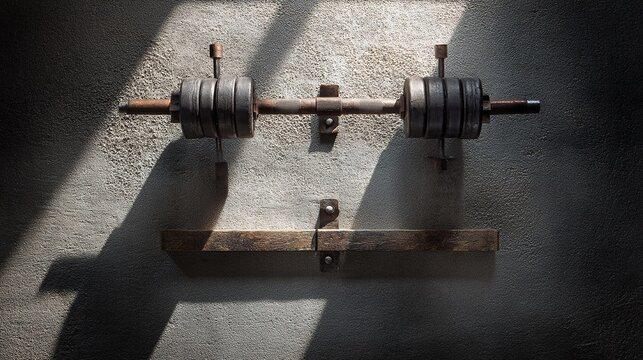 Textured metal photography of oxidized dumbbells, cinematic hard shadows from sunlight, overhead product-style composition with fitness equipment aesthetic