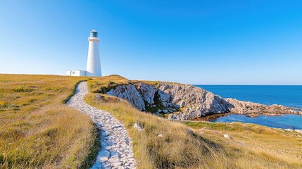 Coastal Lighthouse on a Sunny Day.  A well-maintained pathway winds through a grassy coastal landscape to a prominent white lighthouse. 