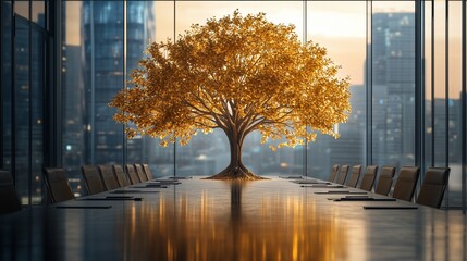 Golden tree sprouting from the center of a conference table.
