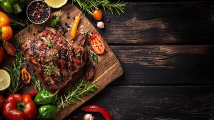 Grilled steak with herbs and vegetables on cutting board