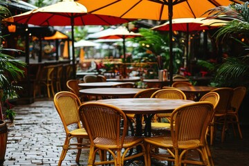 Fototapeta premium Outdoor dining area with rattan furniture and bright umbrellas in a relaxing space