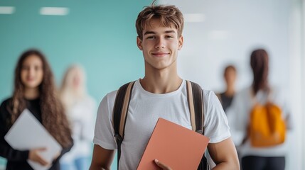 Young man is smiling and holding a book while standing in front of a group of people. The scene appears to be a casual gathering or a study session