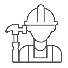 Builder man and hammer thin line icon, construction concept. Vector graphics. Worker with hammer tool sign on white background, linear style icon for mobile or web design.