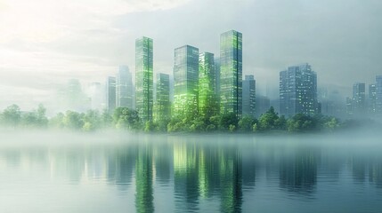 Obraz premium Futuristic eco-city skyline in pale green with fog and glowing edges