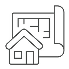 Building layout paper and house thin line icon, architect studio concept. Vector graphics. Project plan of cottage house sign on white background, linear style icon for mobile or web design.