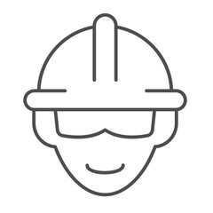 Man face with helmet and glasses thin line icon, construction concept. Vector graphics. Worker head protection, safety sign on white background, linear style icon for mobile or web design.