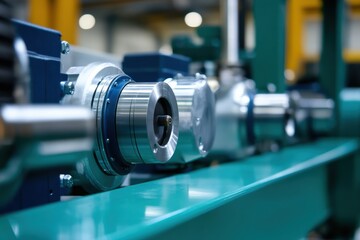 Close-up of metal industrial machine parts in a factory setting