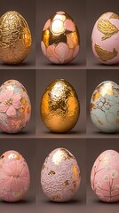 Nine decorative, gold-accented Easter eggs, showcasing intricate designs.