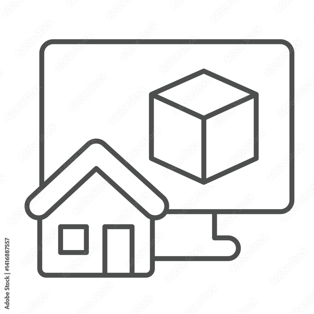 Poster monitor with 3d program and house thin line icon, architect studio concept. vector graphics. display