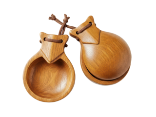 Photorealistic image of wooden castanets, top-down view, on transparent background ,PNG.