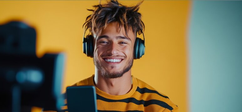 Man with dreadlocks is smiling and wearing headphones. He is holding a cell phone in his hand