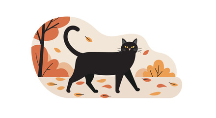 Black cat walking among autumn leaves with orange bushes and tree in flat design vector illustration