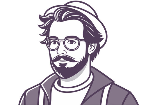 recommend clip art: hipster man with mustache and hat, vector illustration in black and white