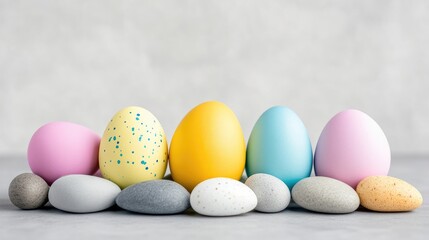 Fototapeta premium Easter eggs on stones. A pastel color display of Easter eggs atop various gray stones