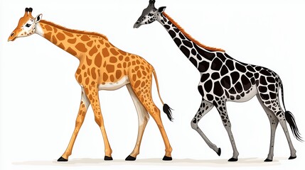 Naklejka premium Two Giraffes Walking Side by Side Orange and Black Spotted Giraffes on White Background