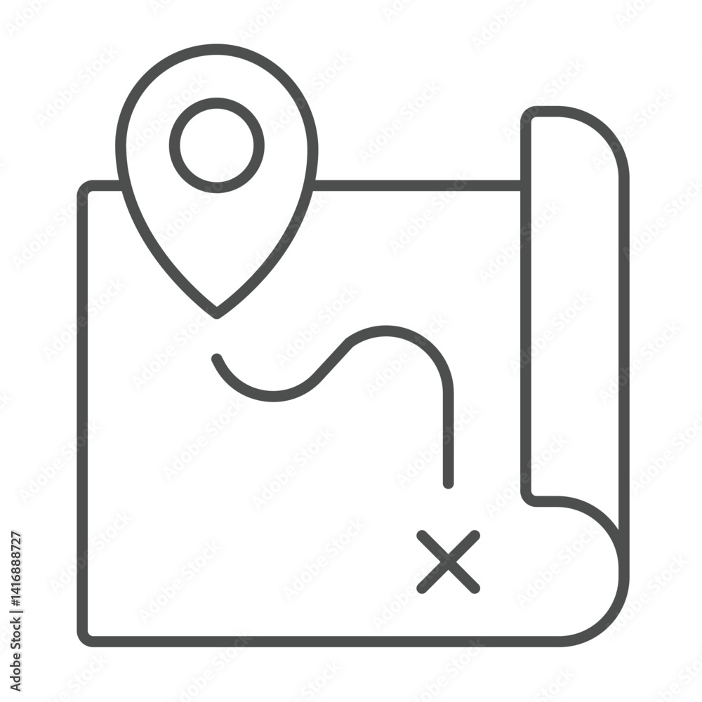 Poster route map and location pin thin line icon, marine navigation concept. vector graphics. map paper wit