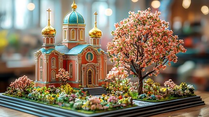 Detailed miniature model of a Russian church and garden.