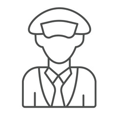 Captain man with hat thin line icon, marine port concept. Vector graphics. Sea ship commander sign on white background, linear style icon for mobile or web design.