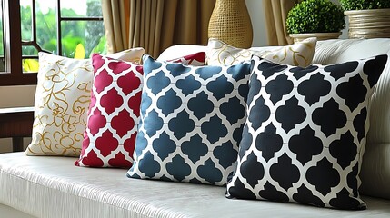 Decorative throw pillows arranged on a cream-colored sofa.