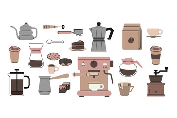 Flat illustration collection of coffee related items espresso machine, moka pot, French press, grinder, cups, takeaway drinks, pastries, and coffee accessories. Ideal for cafe menus, barista visuals