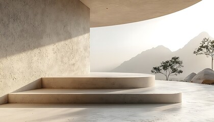 Modern concrete steps leading to a panoramic mountain vista.