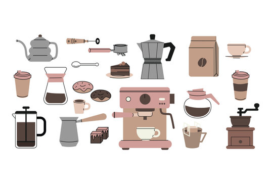 Flat illustration collection of coffee related items espresso machine, moka pot, French press, grinder, cups, takeaway drinks, pastries, and coffee accessories. Ideal for cafe menus, barista visuals
