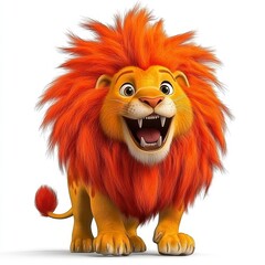 Cheerful Cartoon Lion with Bright Orange Mane on White Background