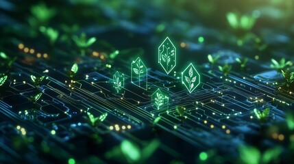 Green tech interface in circuit style with plant icons subtly integrated