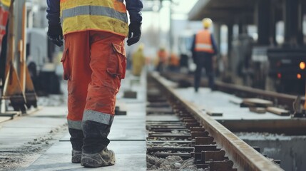 Construction Worker Walking on Railway Track at Worksite Scene