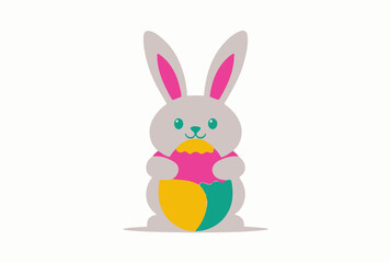 illustration features a cheerful Easter bunny holding a colorful decorated egg