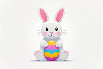 illustration features a cheerful Easter bunny holding a colorful decorated egg