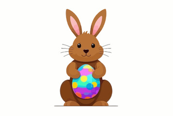 illustration features a cheerful Easter bunny holding a colorful decorated egg